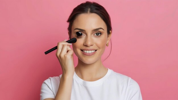 Photo front close view young attractive female in white t shirt doing a make up with a slight smile on th