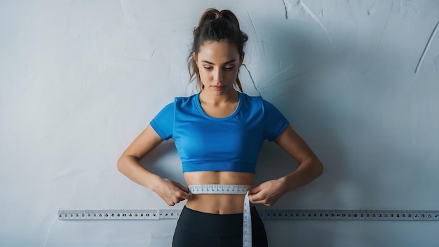 Front close view of young female with fit body in blue shirt measuring her waist on light white wal