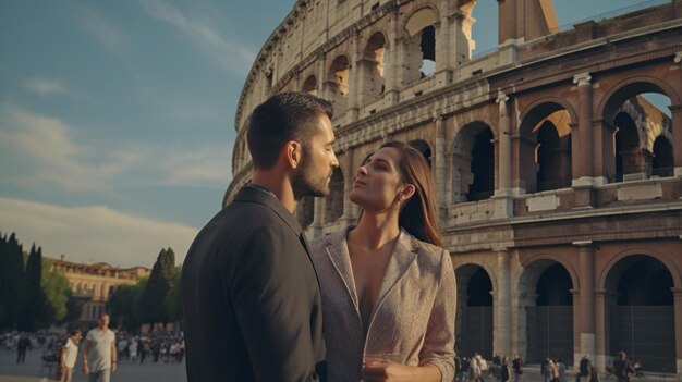 Di fronte al colosseo a roma italia una coppia di innamorati generative ai