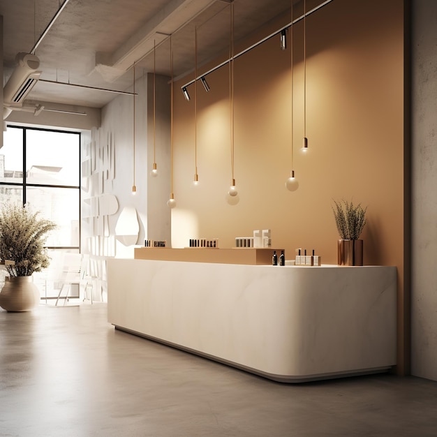 A front desk in a shop modern minimalistic wabi sabi scandinavian