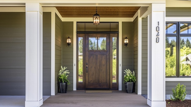 Photo front door and covered porch of new home exterior solid wood door is flanked generative ai
