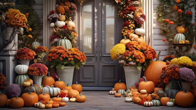 Front door entrance decorating with pumpkins and flowersAI generative