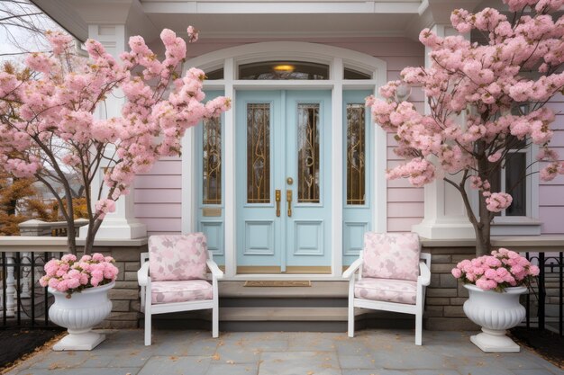 パステルカラーをテーマにした玄関ドアの外装装飾のインスピレーションアイデア