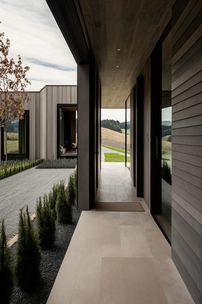 The front door of the house is made of wood and has a glass door that opens to a courtyard.