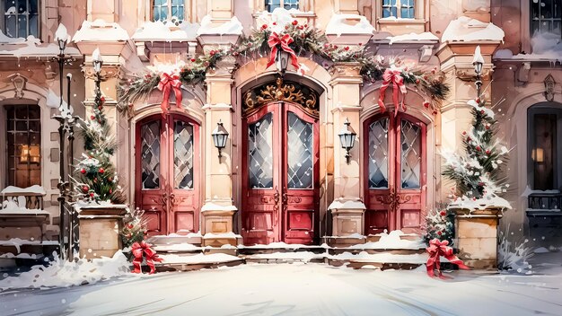Front door of house with Christmas decorations Christmas and New Year background