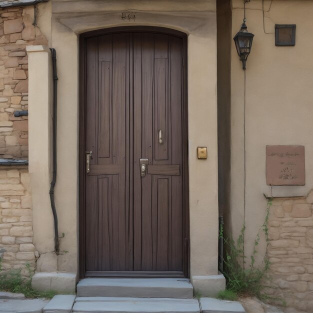 Front door of an old small building Brown simply carved wooden door with round shape window