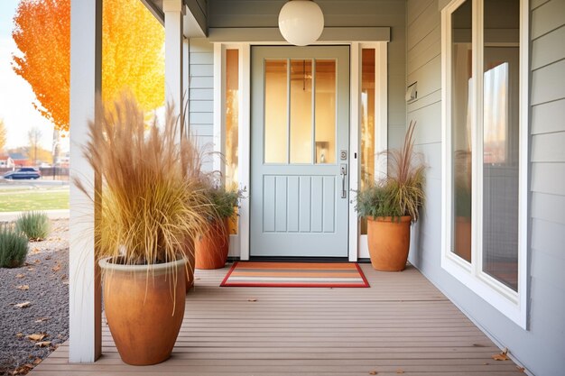 Front door pathway lined with ornamental grasses