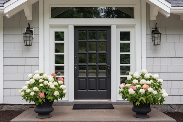 Photo front door with square decorative windows and flower pots