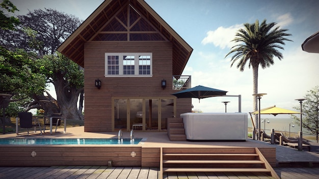 front elevation wooden house with pool wooden deck falm trees and beach view