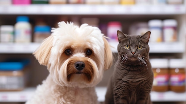 Foto di fronte agli scaffali del cibo in un negozio di animali domestici un animale domestico sta guardando la telecameral'ambiente circostantegenerative ai