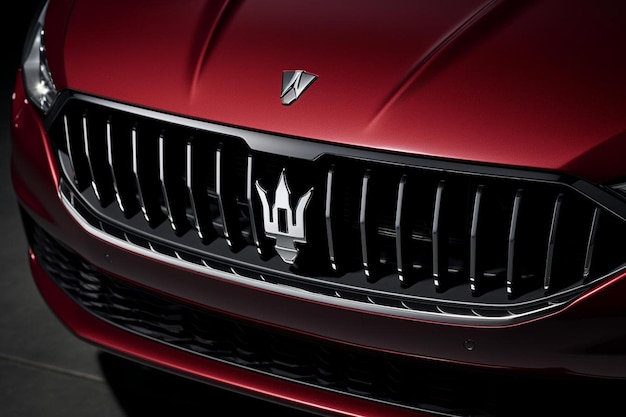 the front grille of a red car with a crown on the front.