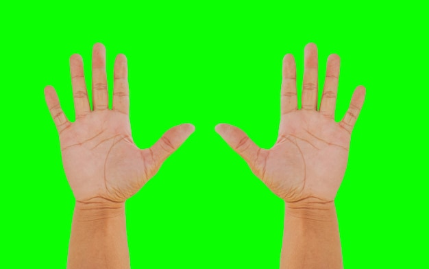 Front hand open and ready to help or receive Gesture isolated on green background with clipping path Helping hand outstretched for salvation