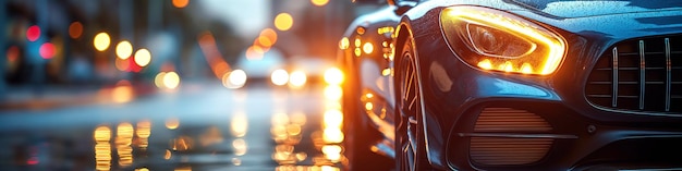 front headlight of a luxury black sports car on street close up