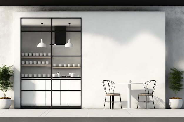 Foto immagine frontale del design di un bar e di un ristorante mockup di una parete minimalista contemporanea realizzata in metallo nero cemento e cornici bianche