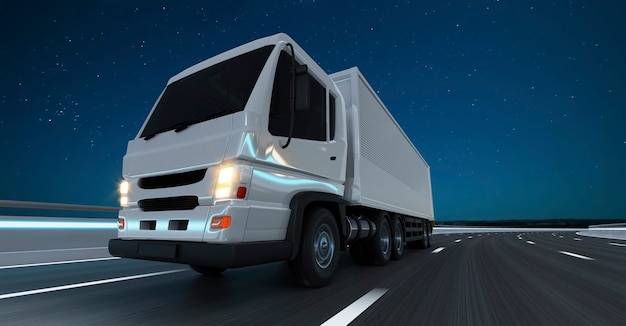 Front and low angle view of delivery truck run on the road at night, fast delivery,cargo logistic and freight shipping concept. 3d rendering.