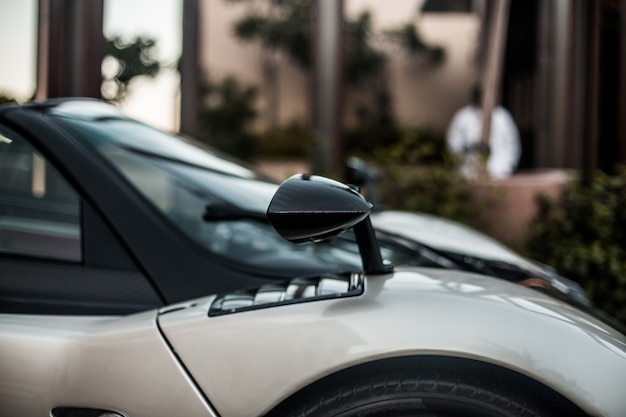 Front mirror and wheel of a silver car