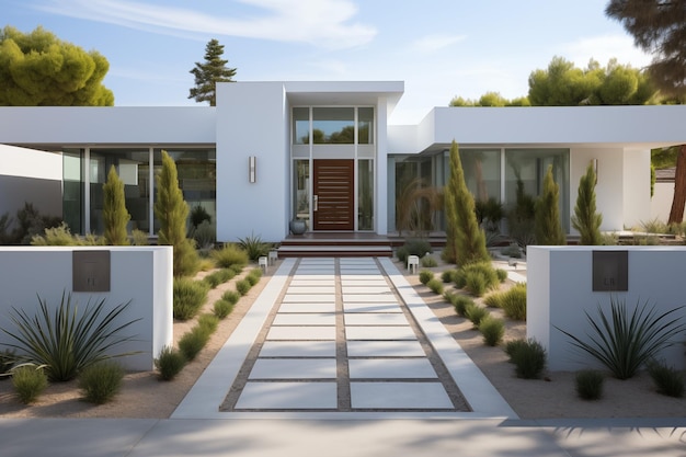 The front of modern house along with the walkway into the house