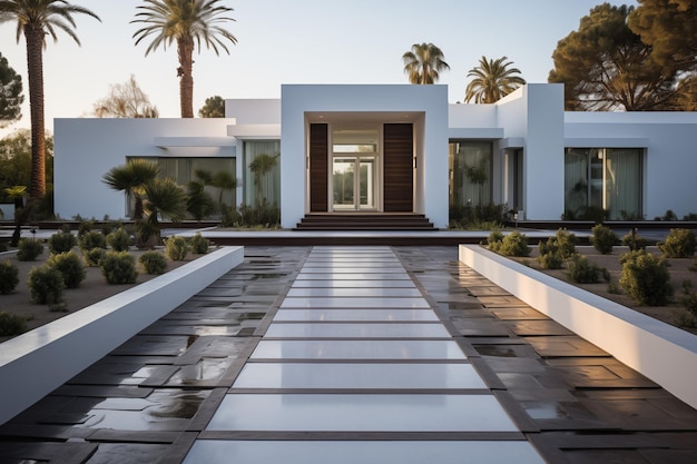 Photo the front of modern house along with the walkway into the house