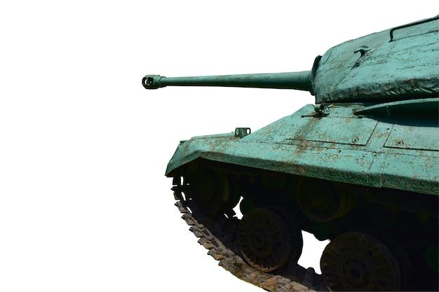 The front of an old Soviet heavy tank is photographed from the side against a white background for clipping. There is an empty space in front of it to insert text