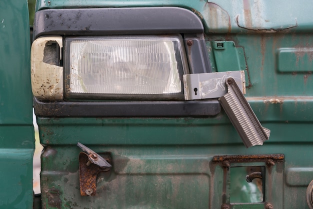 Photo front part, headlight of scrap car