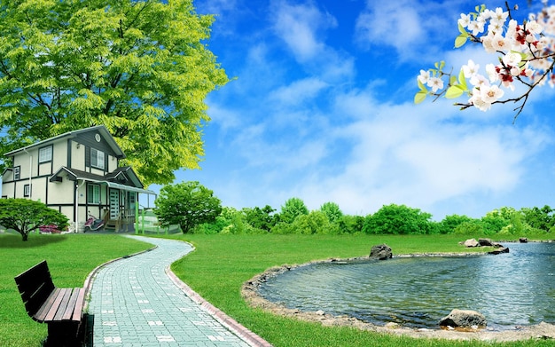 front path and pond wallpaper