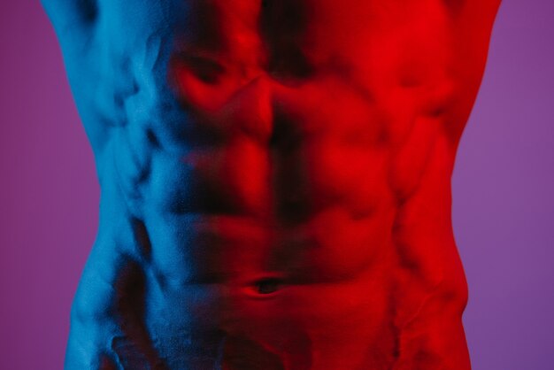 A front photo of the abs of a bodybuilder under blue and red lights