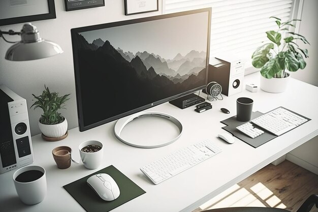 Photo front picture of hipster office with empty white pc laptop chairs supplies etc pretend