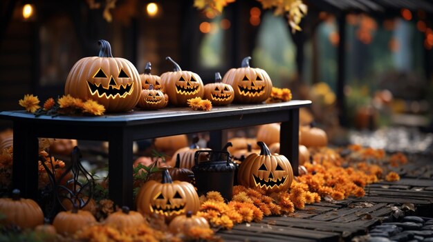 A front porch adorned with Halloweenthemed decorations including a pumpkin jack