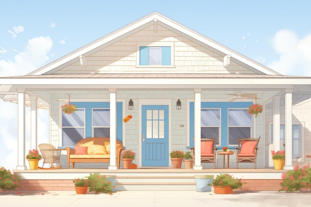 Front porch of a cape cod house with a side gable roof magazine style illustration