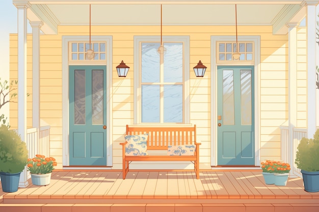 Front porch of a greek revival house early in the morning magazine style illustration