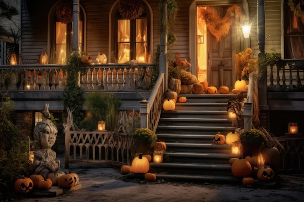 Front porch halloween decor after dark Created with generative AI technology