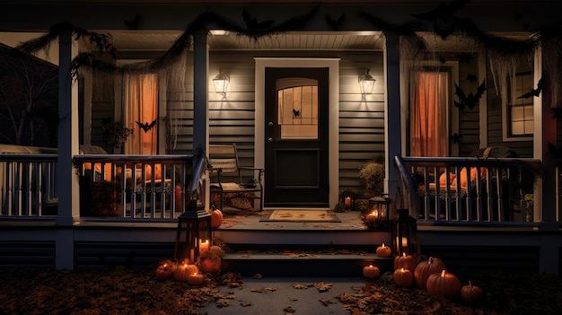 Front porch Halloween decor after dark