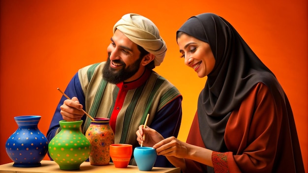 In front of a radiant orange background visualize an Arabian man and woman both in vibrant attire