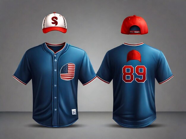 Front and rear realistic view of shirt and cap elements of baseball uniform isolated vector illustration