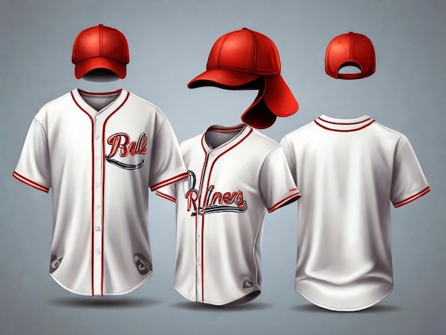 Front and rear realistic view of shirt and cap elements of baseball uniform isolated vector illustration