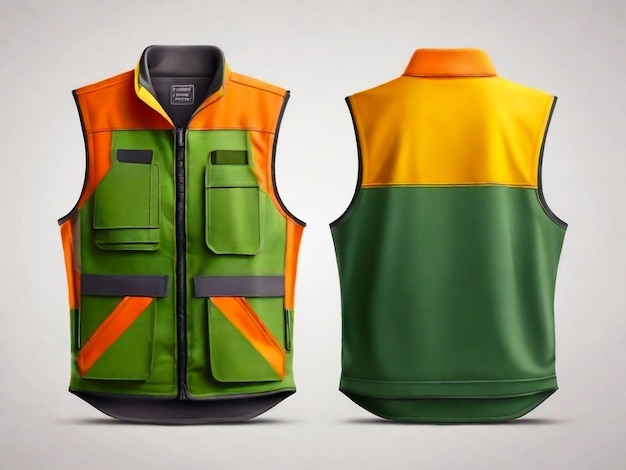 Front and rear view of realistic vest mock up of green orange and yellow colors isolated on white background vector illustration