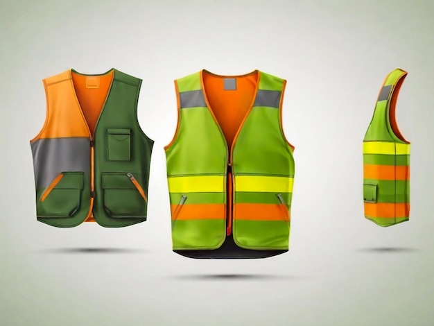 Photo front and rear view of realistic vest mock up of green orange and yellow colors isolated on white background vector illustration
