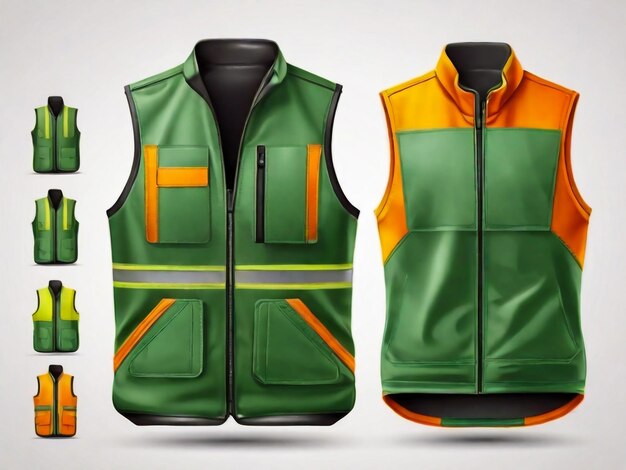 Front and rear view of realistic vest mock up of green orange and yellow colors isolated on white background vector illustration