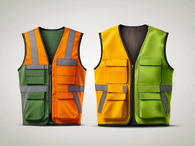 Front and rear view of realistic vest mock up of green orange and yellow colors isolated on white background vector illustration