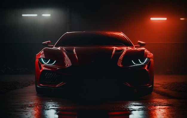 The front of red sports car in the dark Generative AI