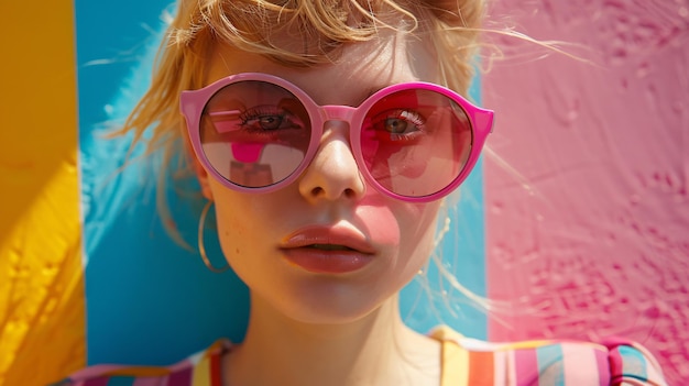 Front shot of beautiful blonde girl in colorful clothes and pinkrimmed sunglasses