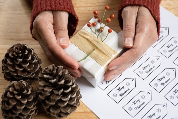 Front shot of Christmas gift between woman's hands next to "merry christmas" tags