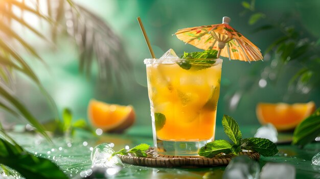 Front shot of delicious orange cocktail with ice cubes and decorative small umbrella