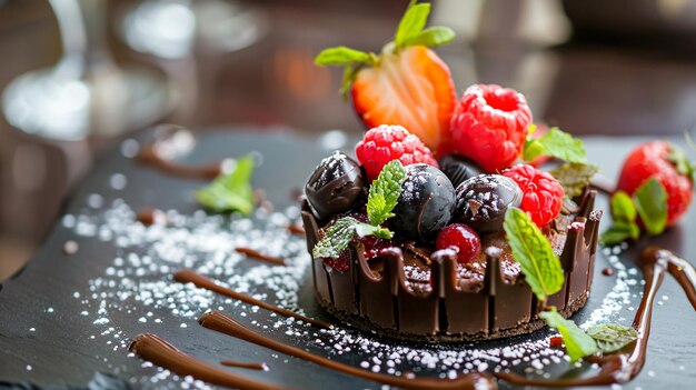 Фото Передний снимок вкусного шоколадного десерта со свежими фруктами и листьями мяты на винтажном столе