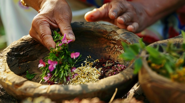 Photo front shot of traditional healing process using medicinal plants