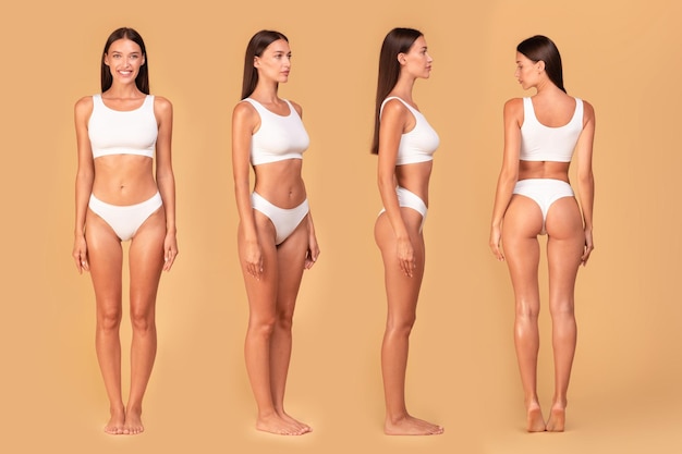 Front side and back view of slim lady in underwear posing and demonstrating perfect body shape collage