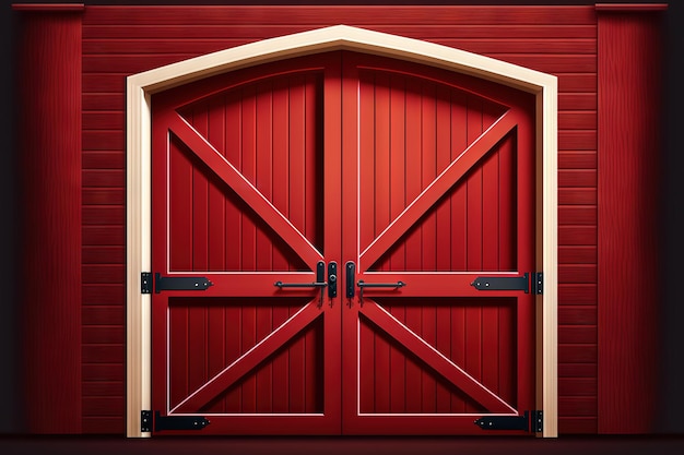 The front side of a horizontal image of a red wooden barn door