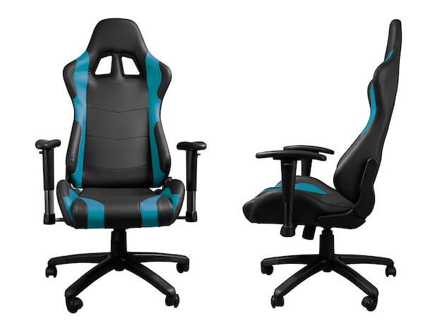 Front and side view of black and blue leather gaming chair isolated