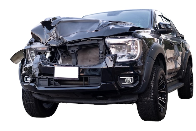 Front and side view of black pickup truck car get damaged by accident on the road damaged cars after collision isolated on white background with clipping path