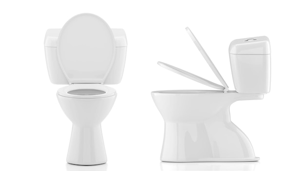 Photo front and side view of white toilet bowl with lid open on white background